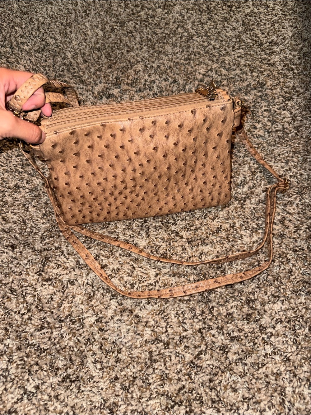 Tan Ostrich-Texture Crossbody Bag
